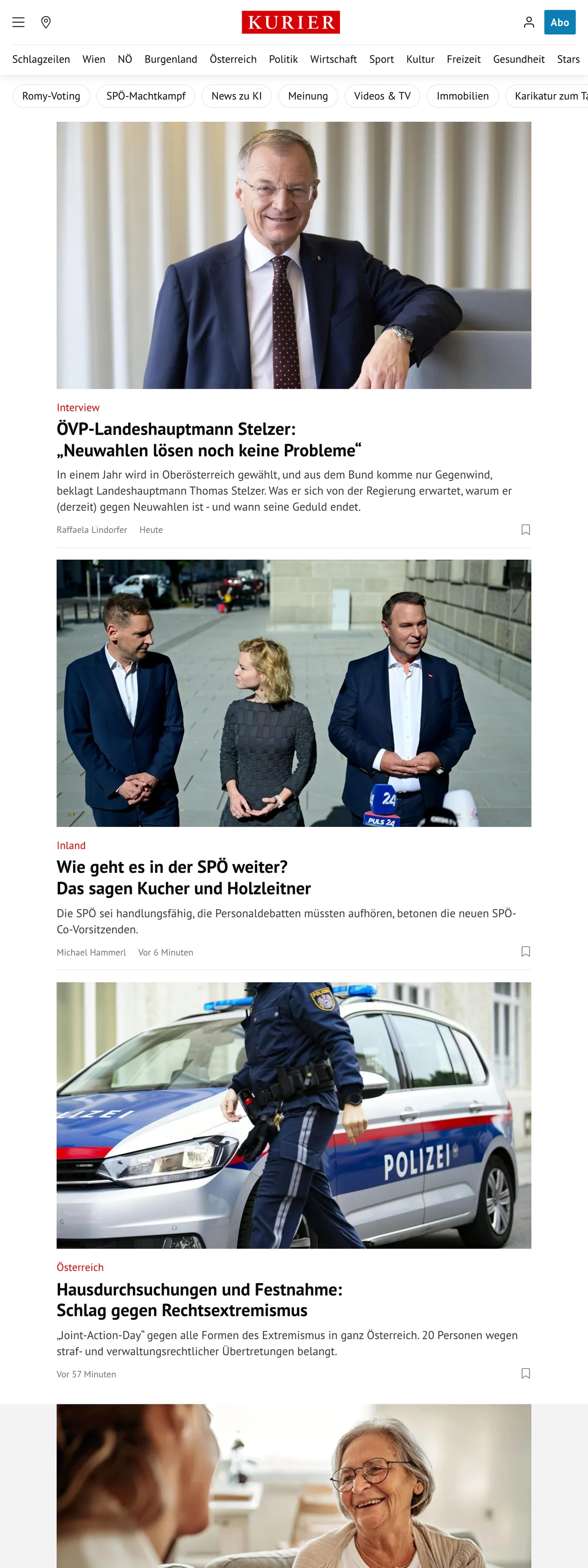 Screenshot of the Kurier front page