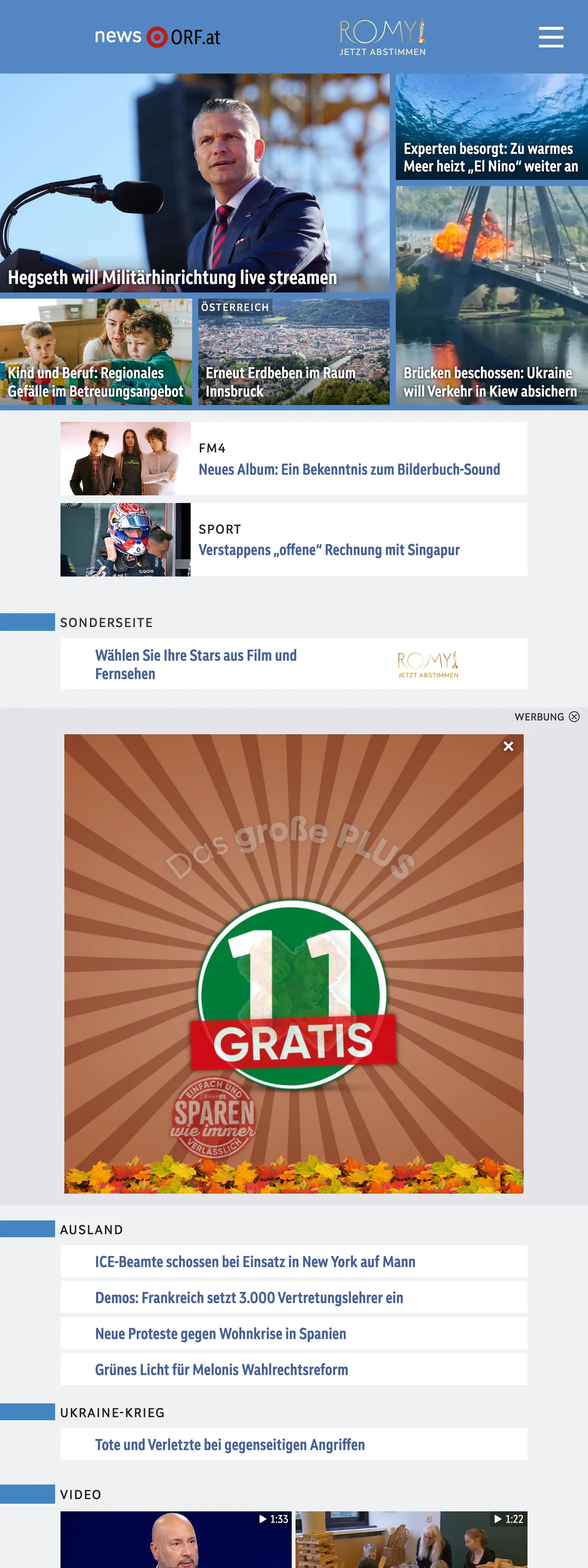 Screenshot of the ORF front page