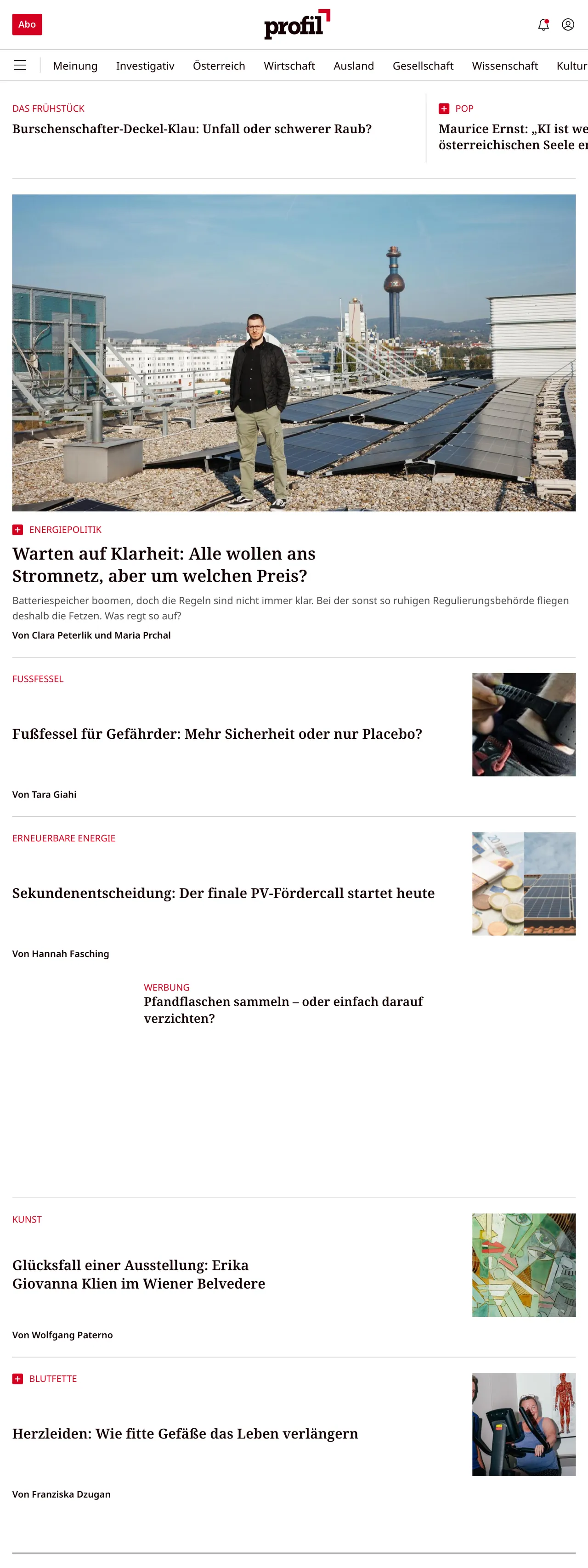 Screenshot of the profil front page