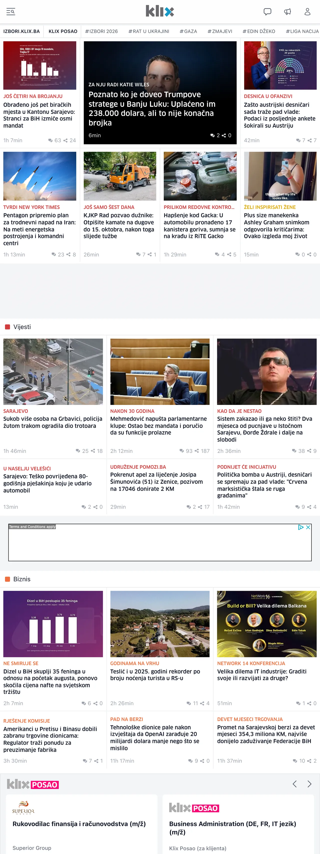 Screenshot of the Klix.ba front page