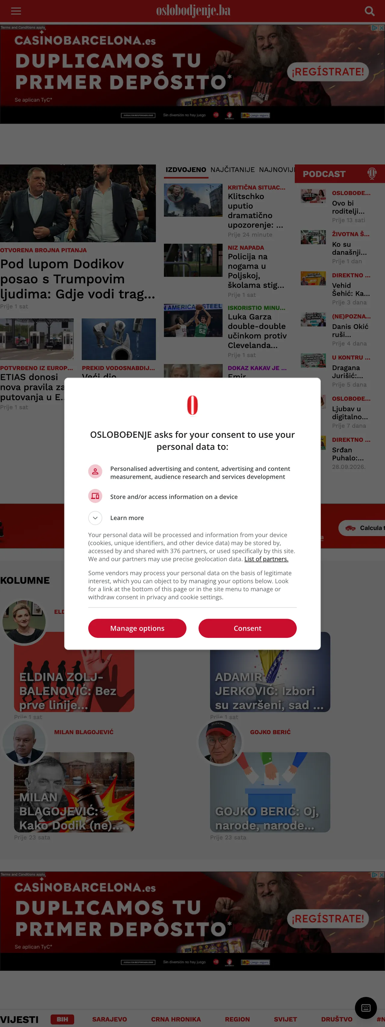 Screenshot of the Oslobođenje front page