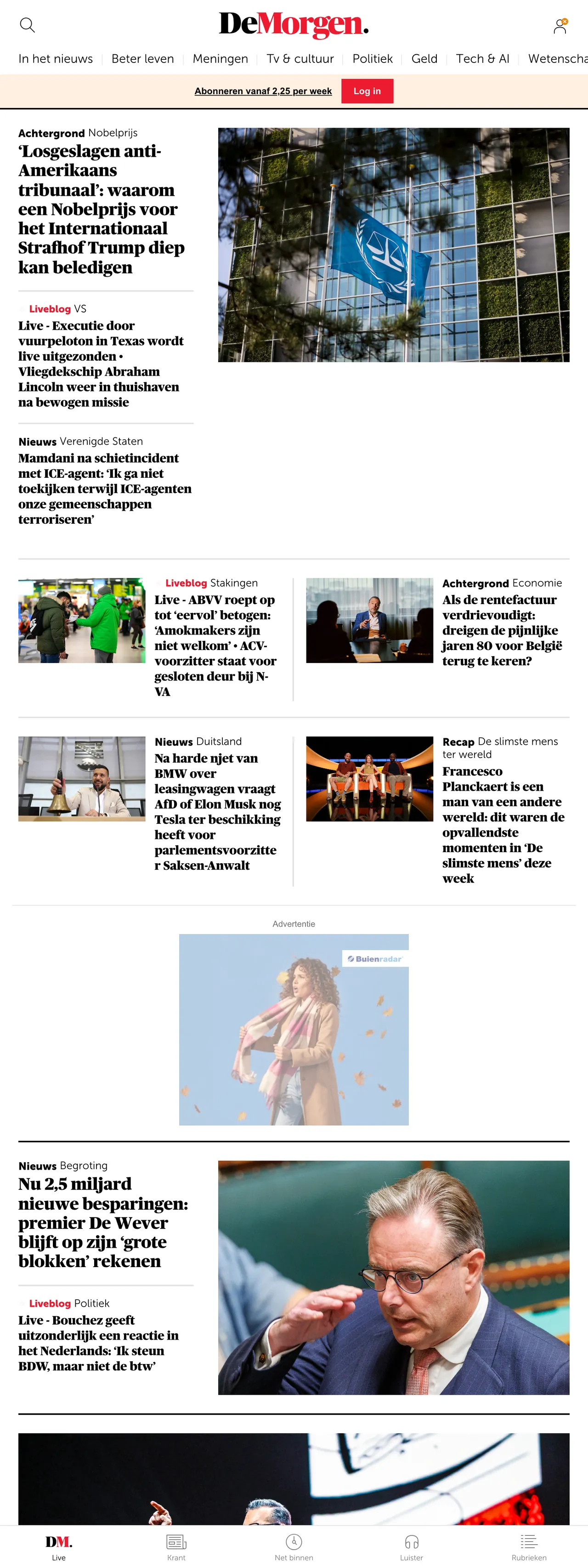 Screenshot of the De Morgen front page