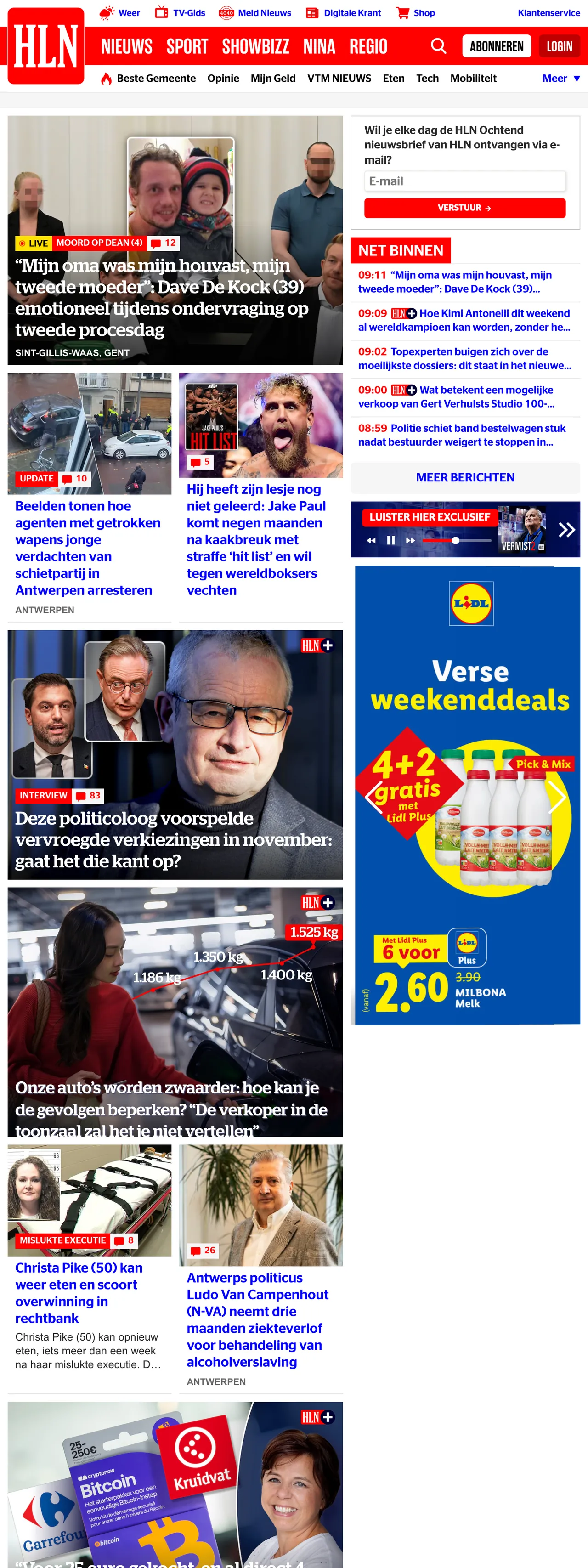 Screenshot of the HLN front page