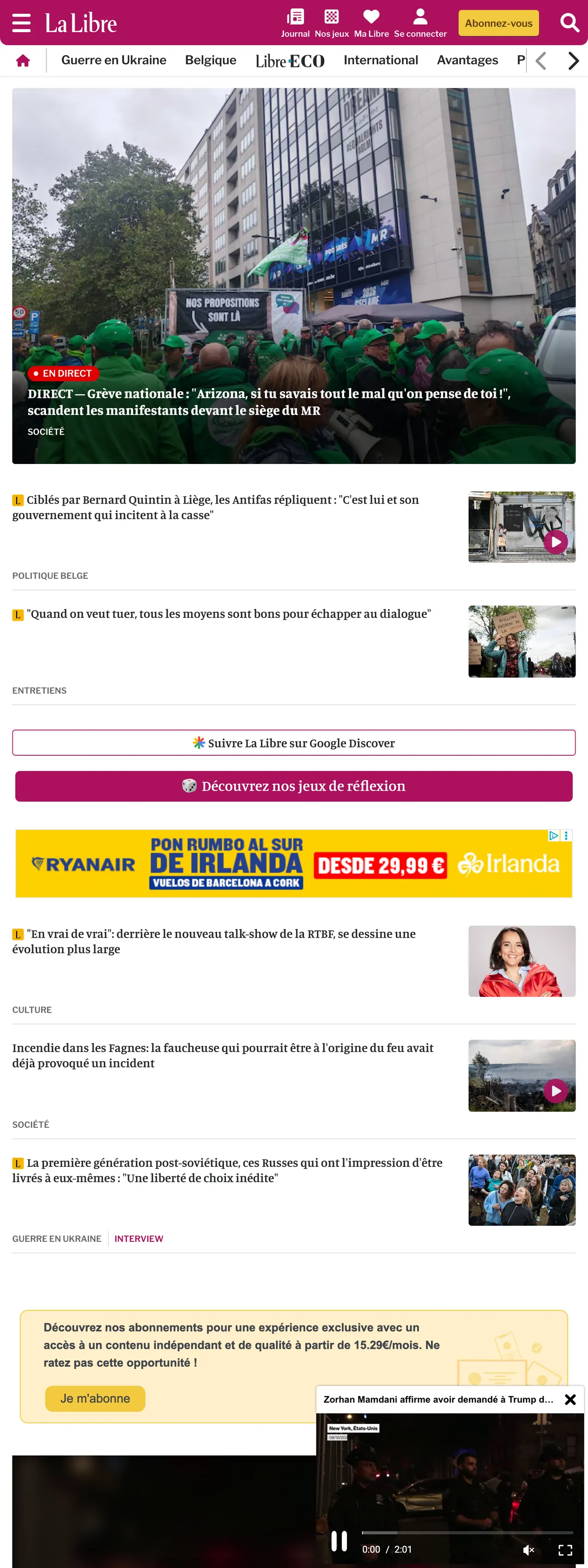 Screenshot of the La Libre front page