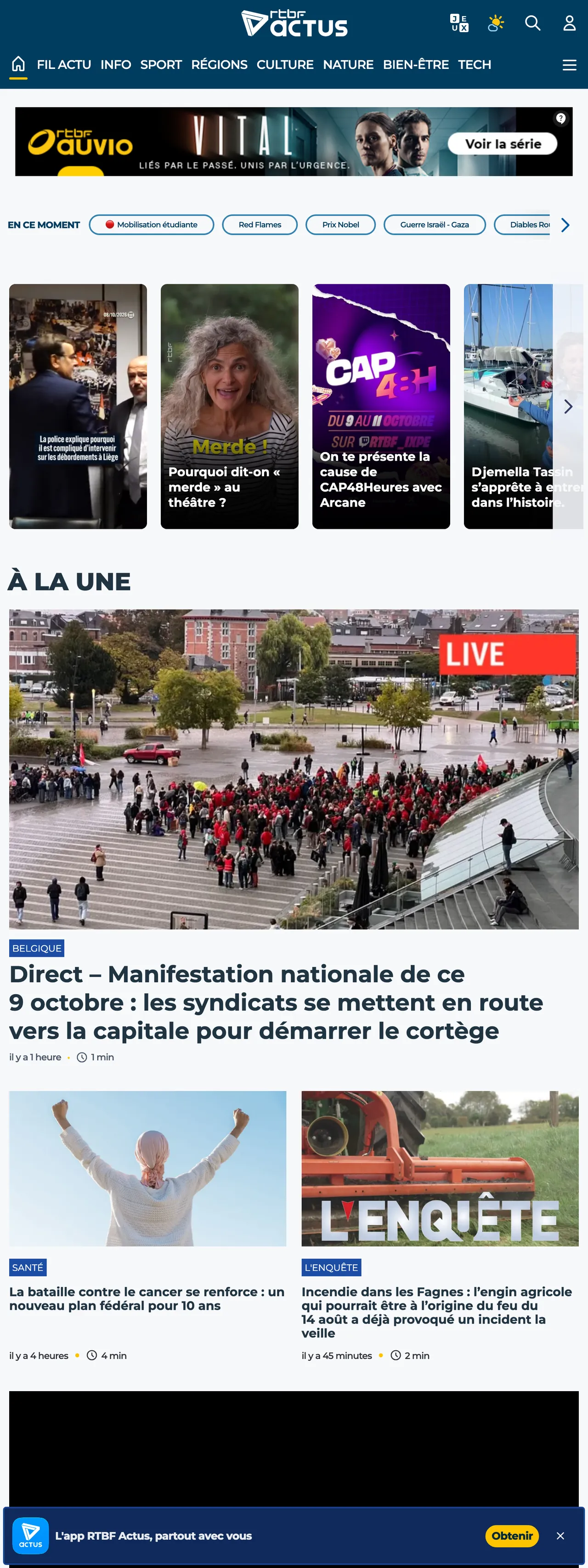 Screenshot of the RTBF front page