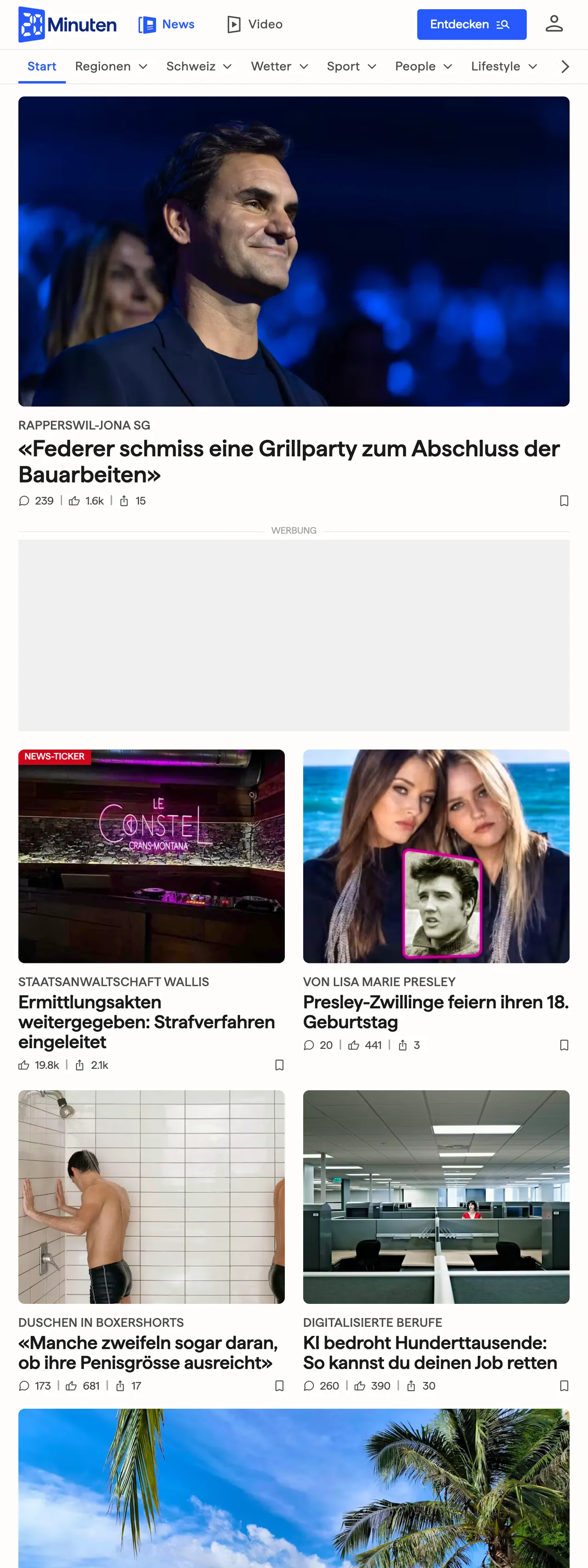 Screenshot of the 20 Minuten front page