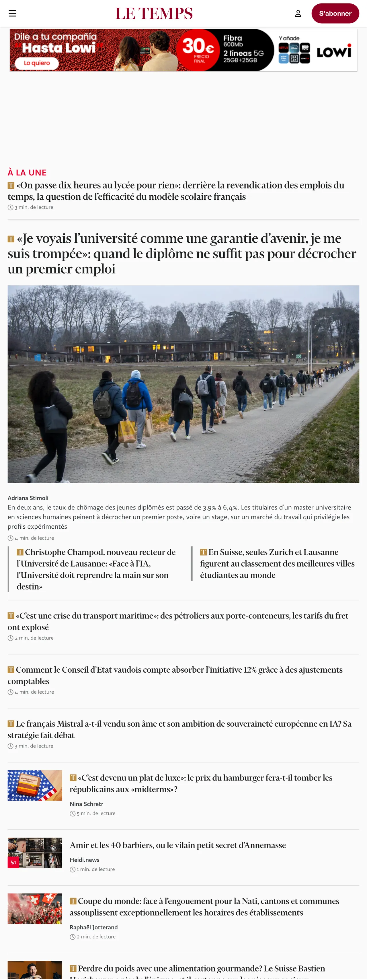 Screenshot of the Le Temps front page
