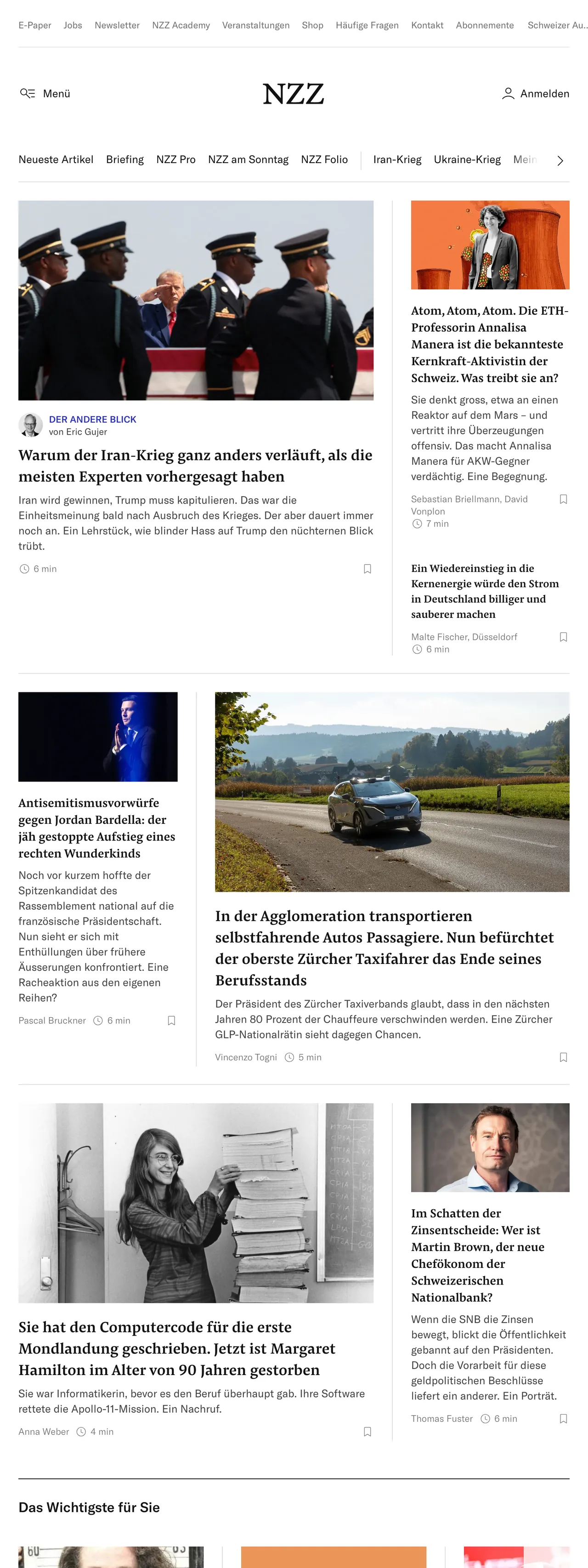 Screenshot of the Neue Zürcher Zeitung front page