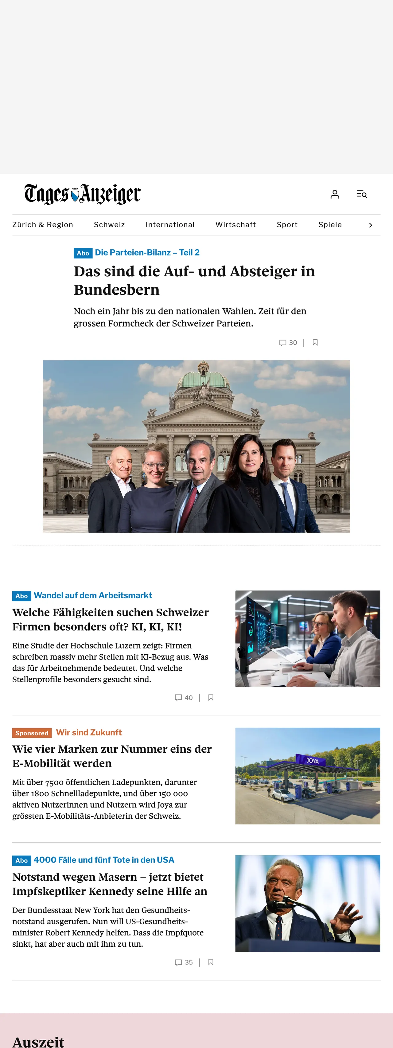 Screenshot of the Tages-Anzeiger front page