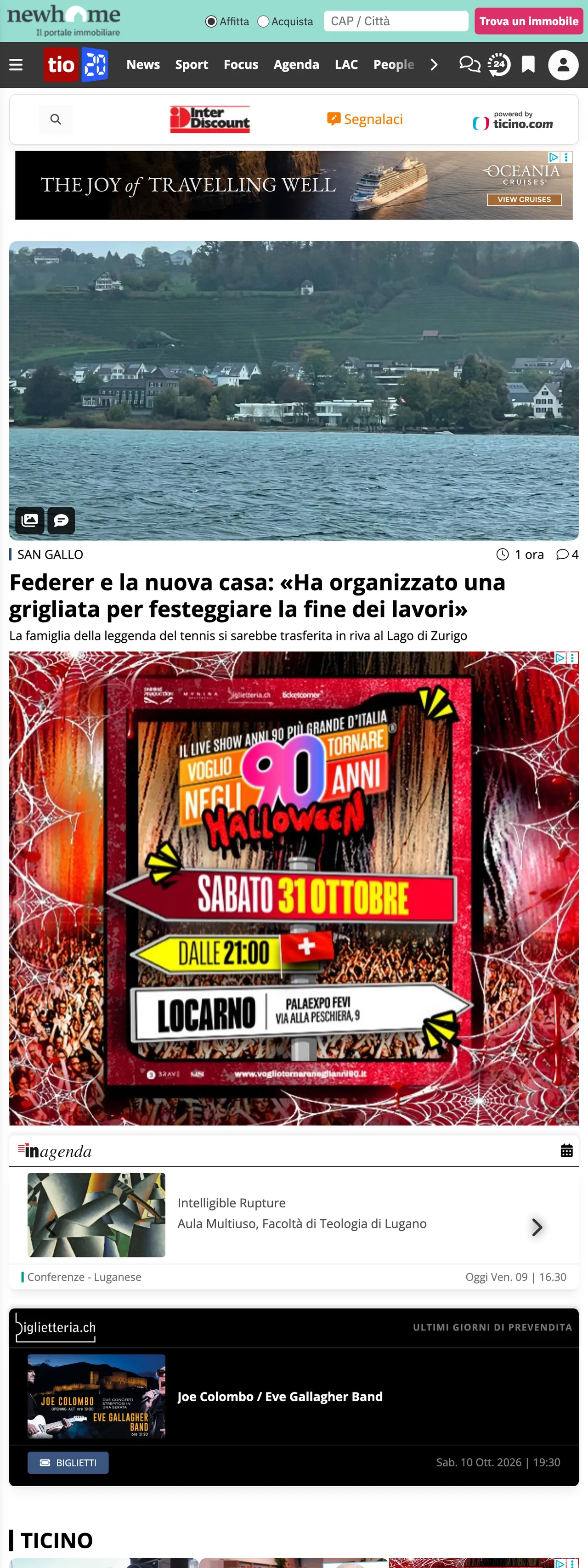 Screenshot of the Ticinonline front page