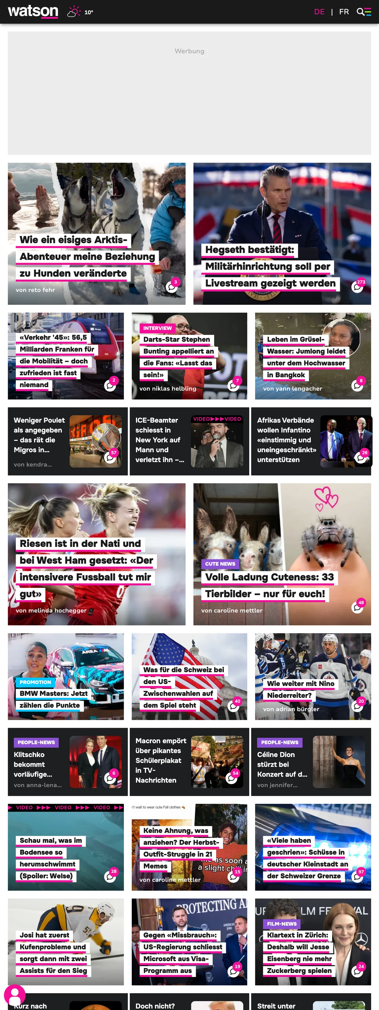 Screenshot of the watson front page