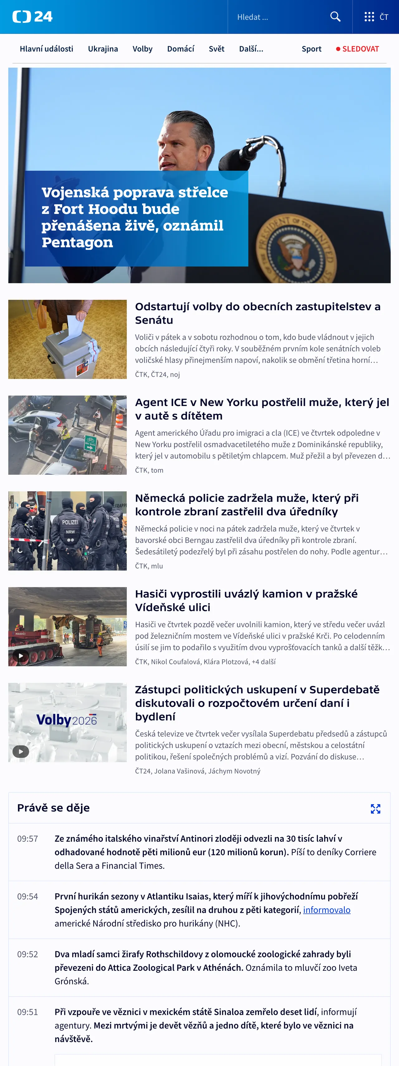 Screenshot of the ČT24 front page