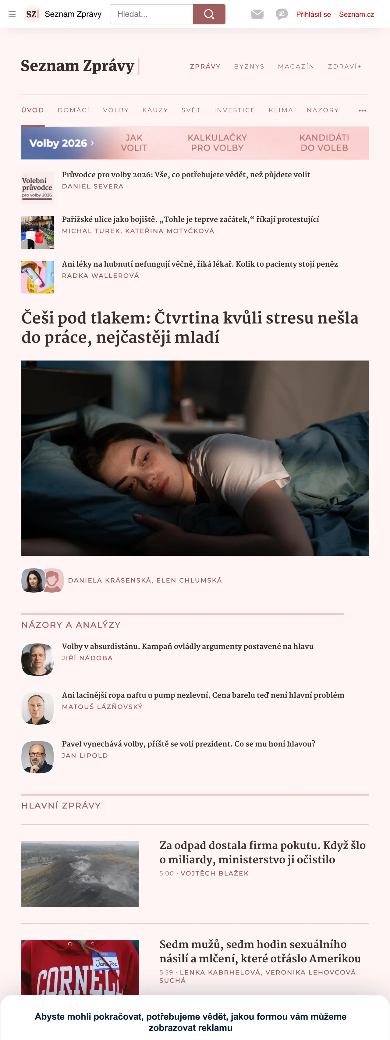 Screenshot of the Seznam Zprávy front page
