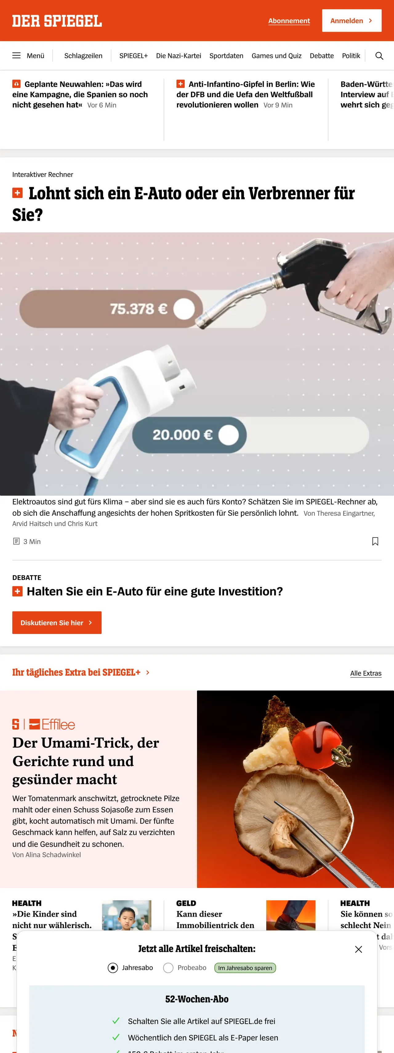 Screenshot of the DER SPIEGEL front page