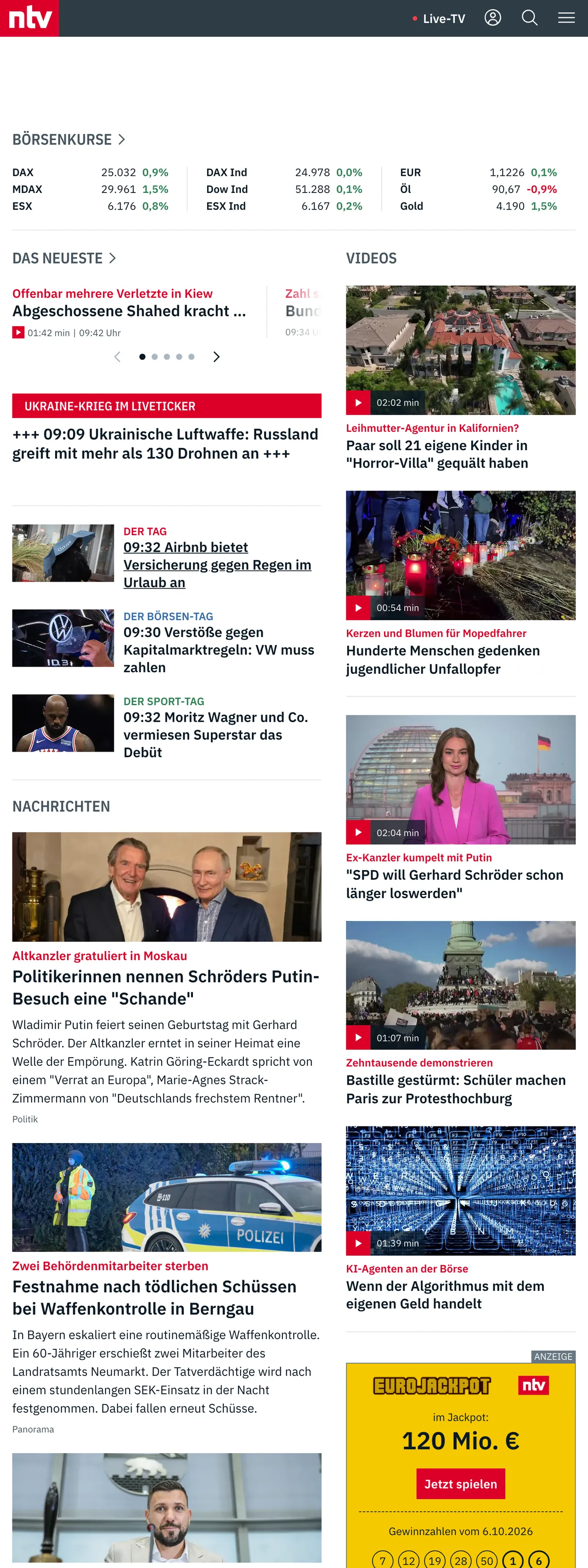 Screenshot of the n-tv front page