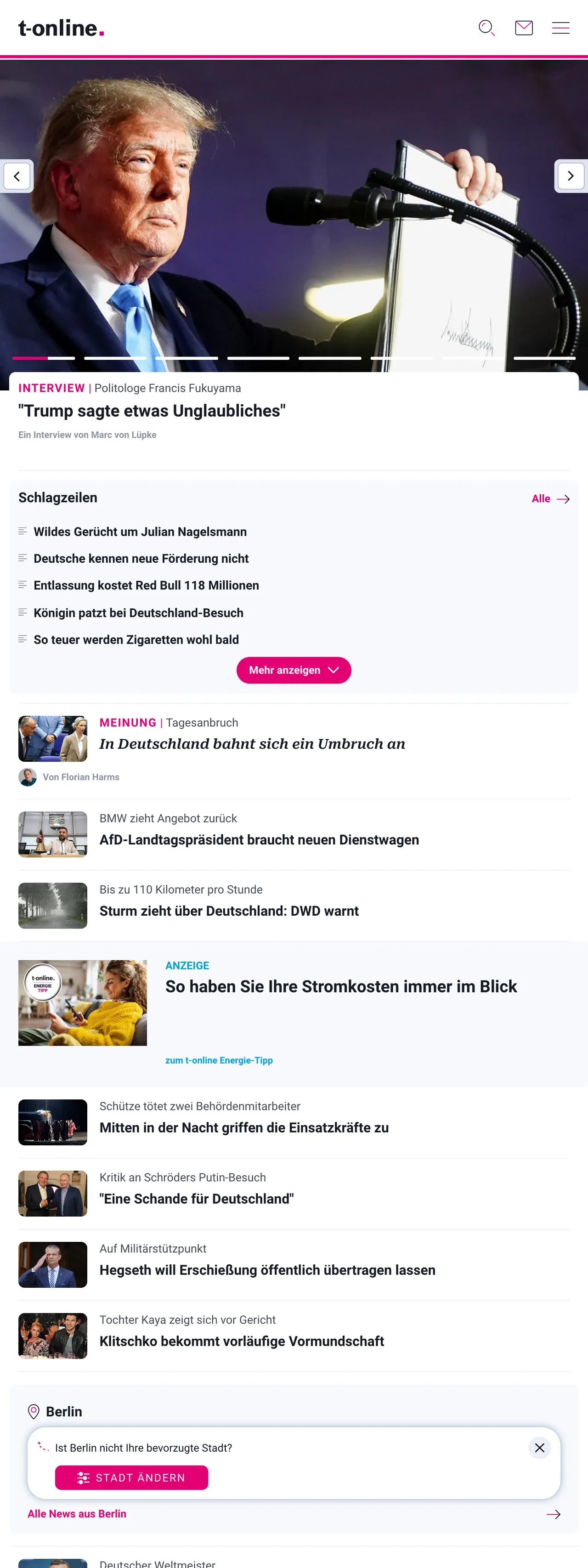 Screenshot of the t-online front page