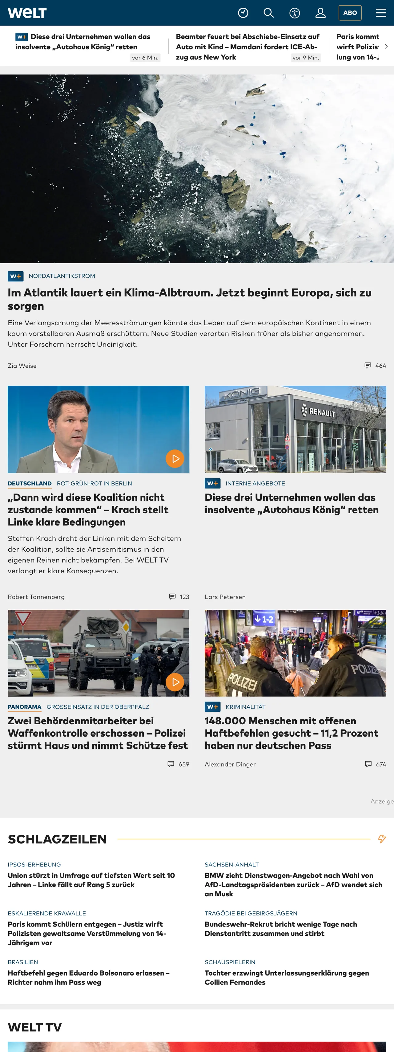 Screenshot of the WELT front page