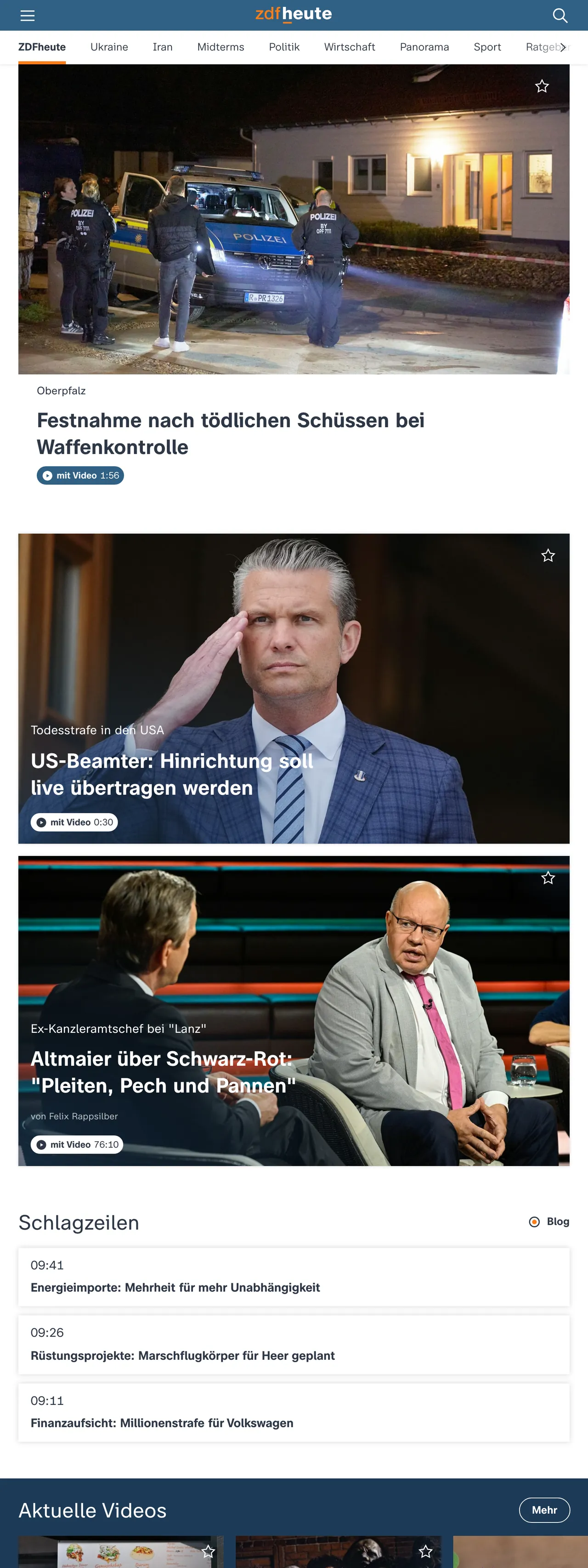 Screenshot of the ZDFheute front page