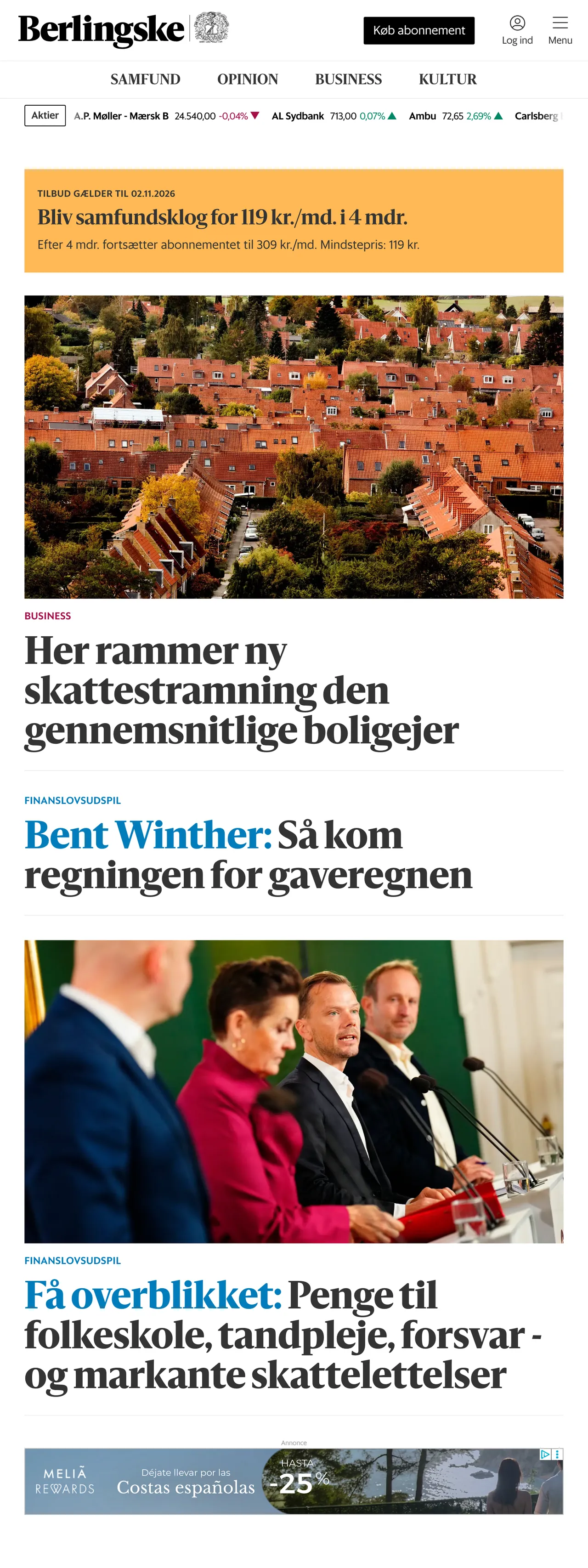Screenshot of the Berlingske front page