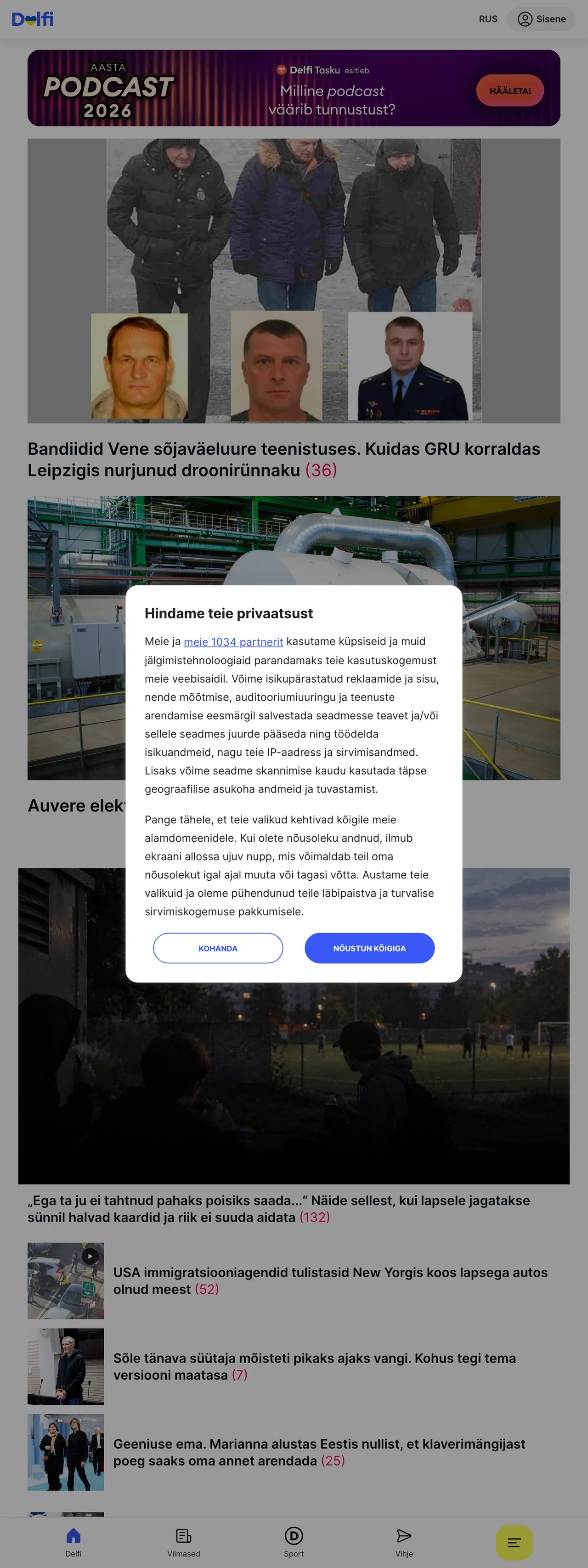Screenshot of the Delfi front page