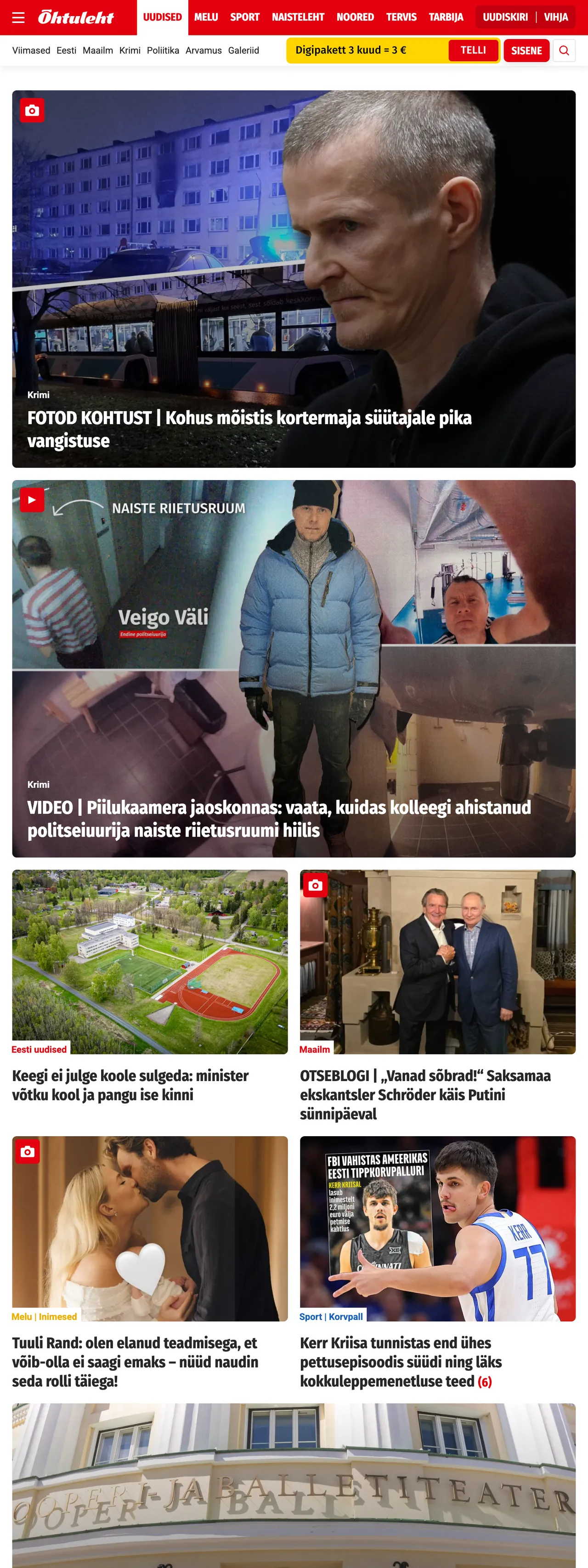 Screenshot of the Õhtuleht front page