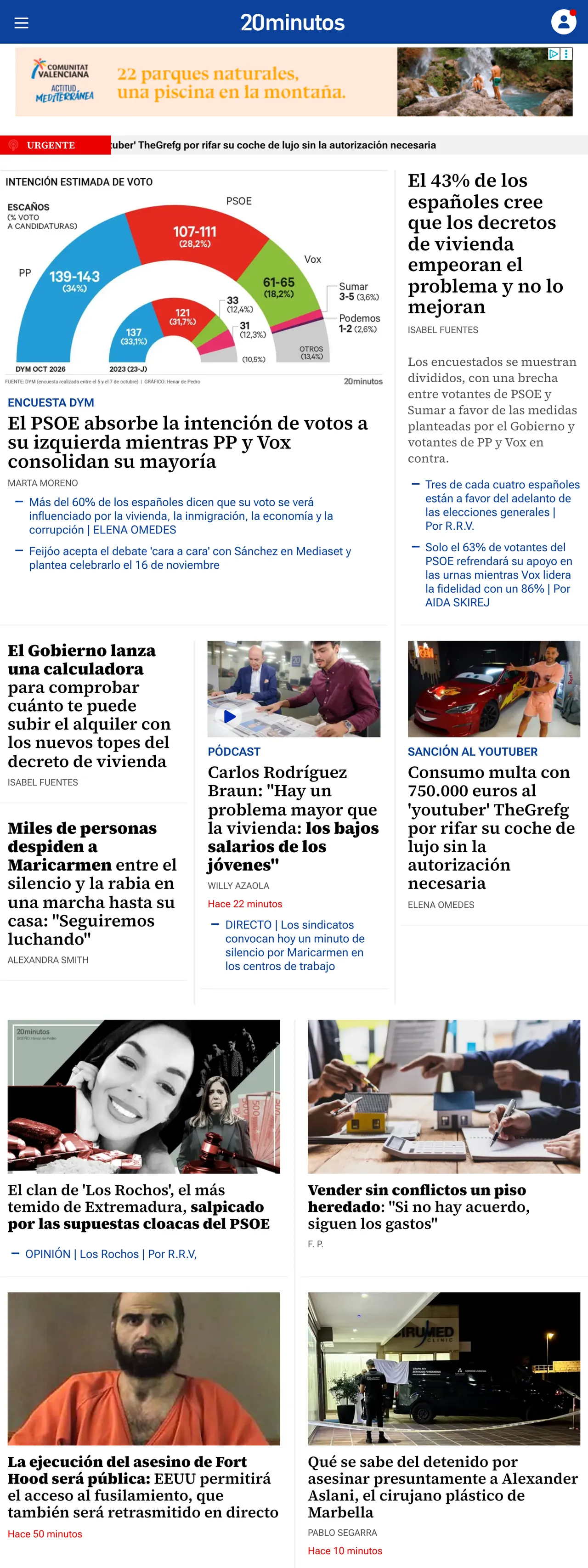Screenshot of the 20minutos front page