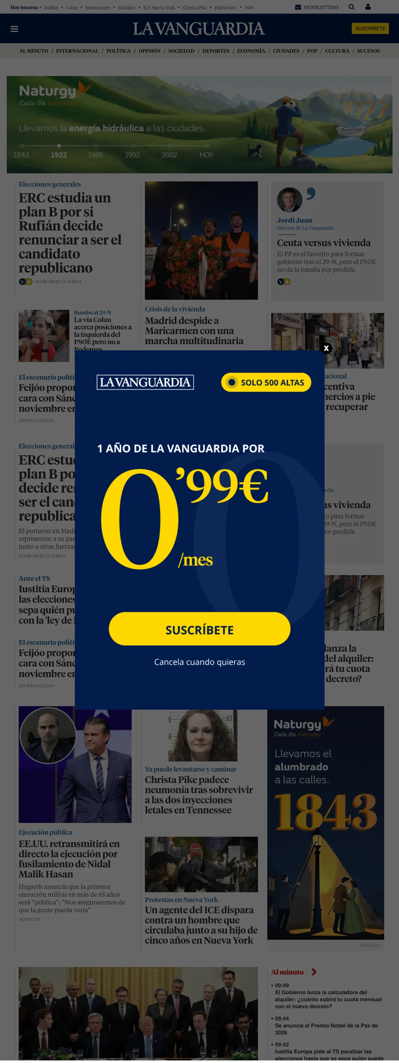 Screenshot of the La Vanguardia front page