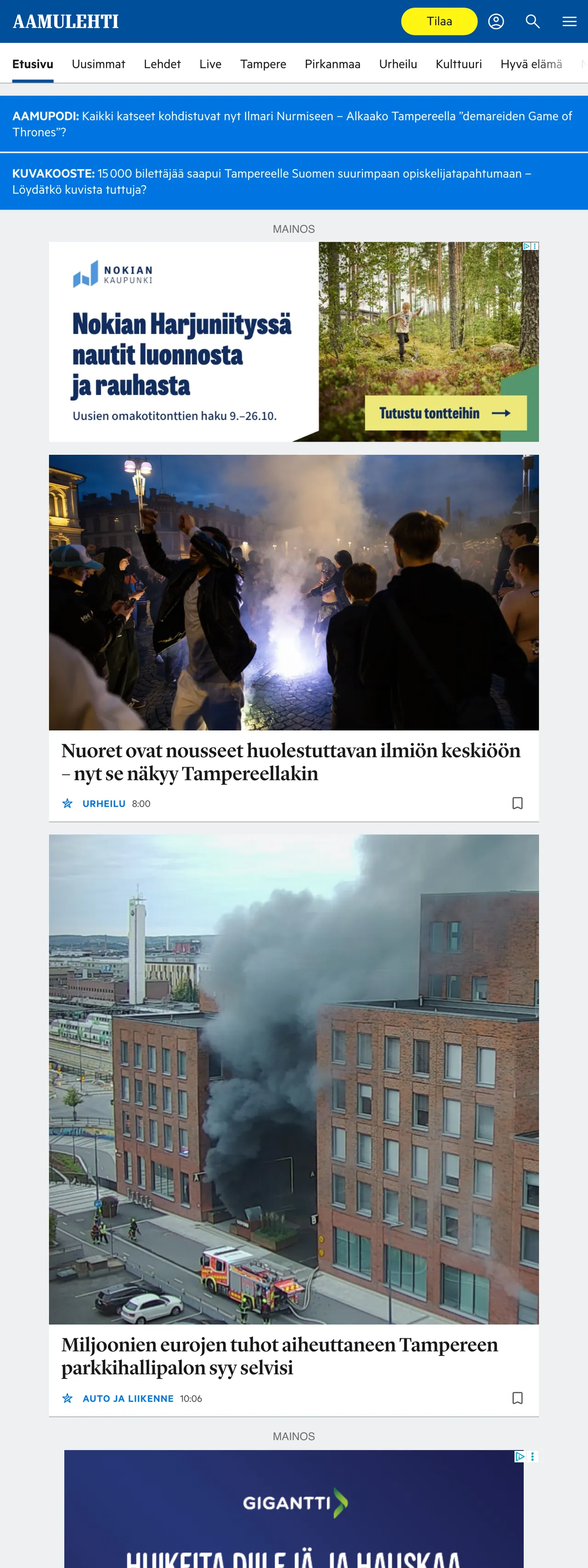 Screenshot of the Aamulehti front page