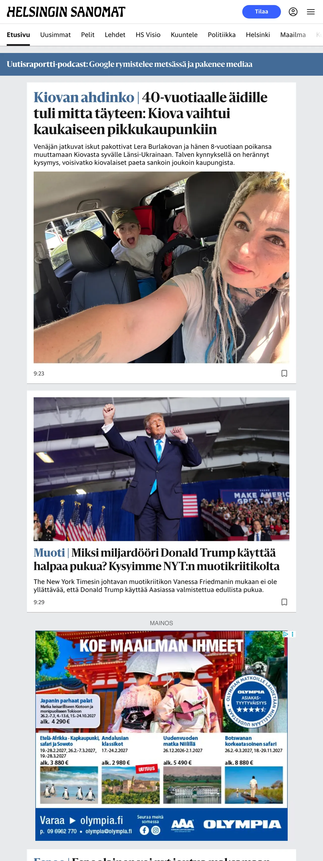 Screenshot of the Helsingin Sanomat front page