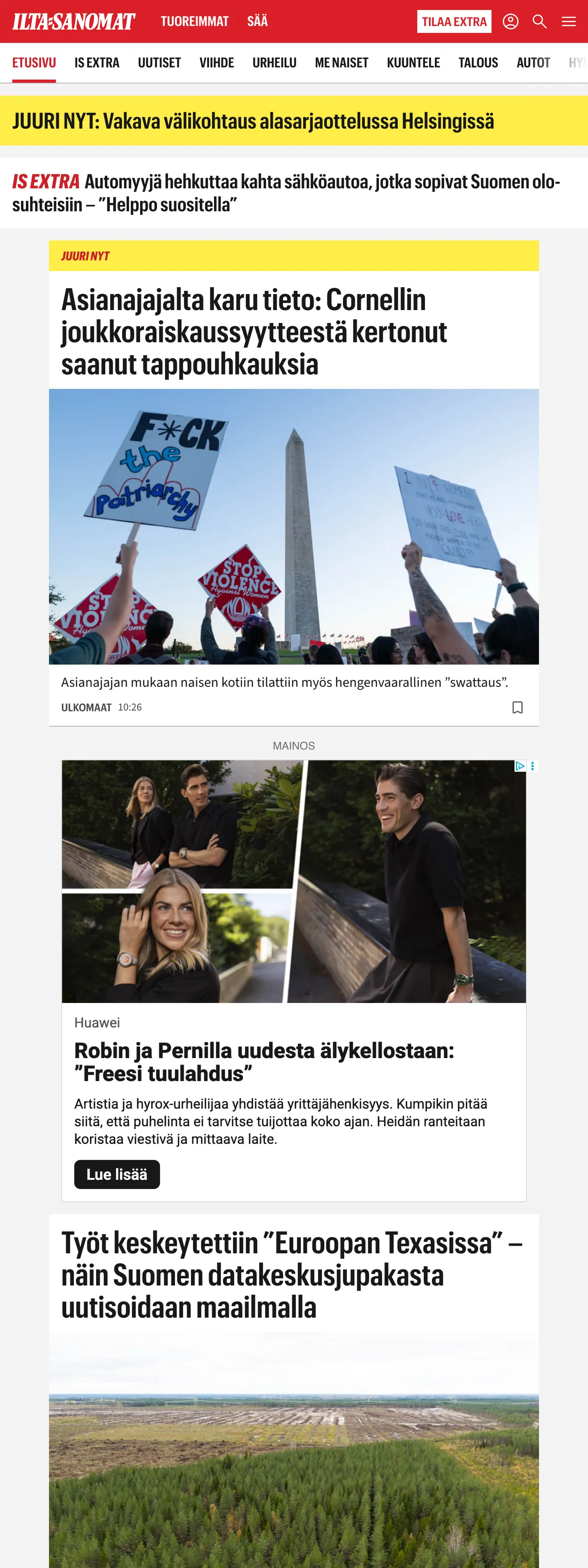 Screenshot of the Ilta-Sanomat front page