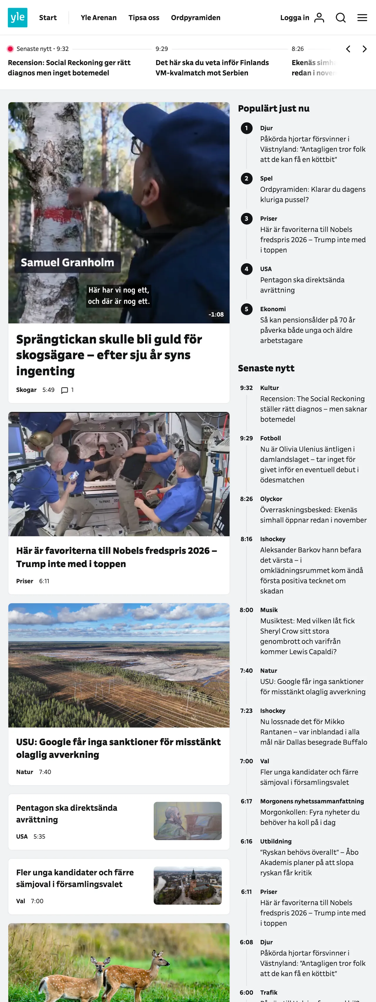 Screenshot of the Svenska Yle front page