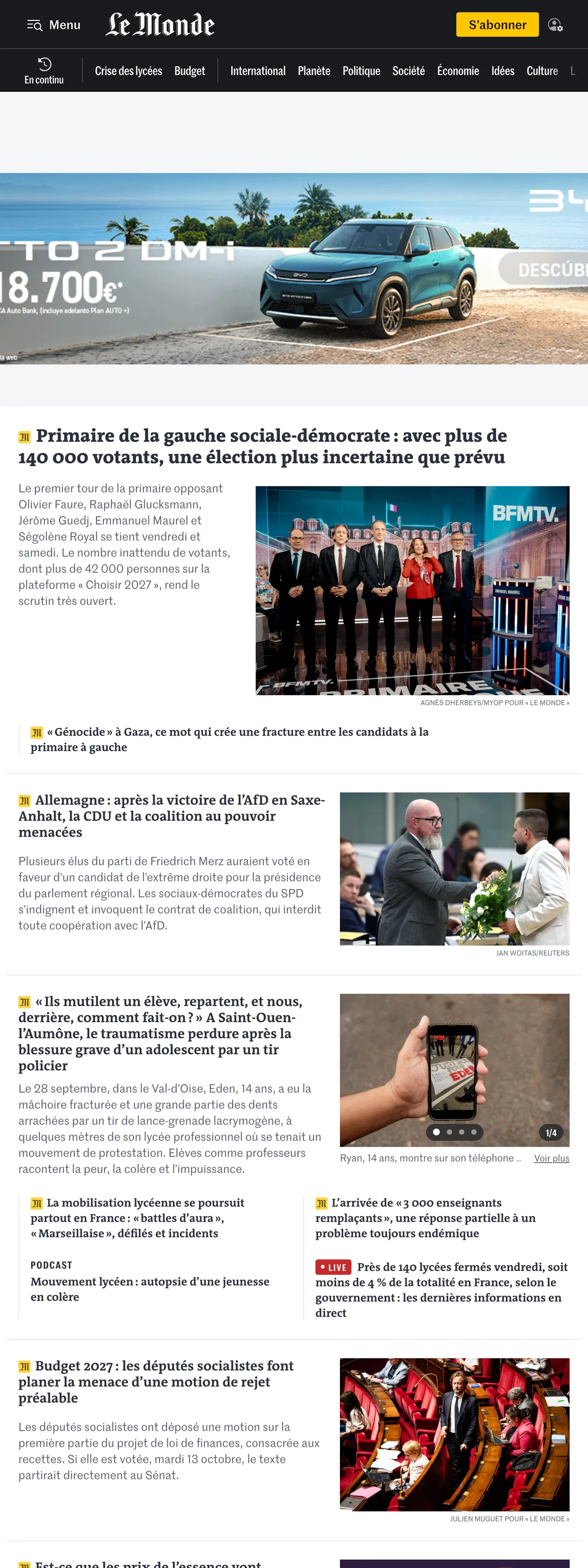 Screenshot of the Le Monde front page