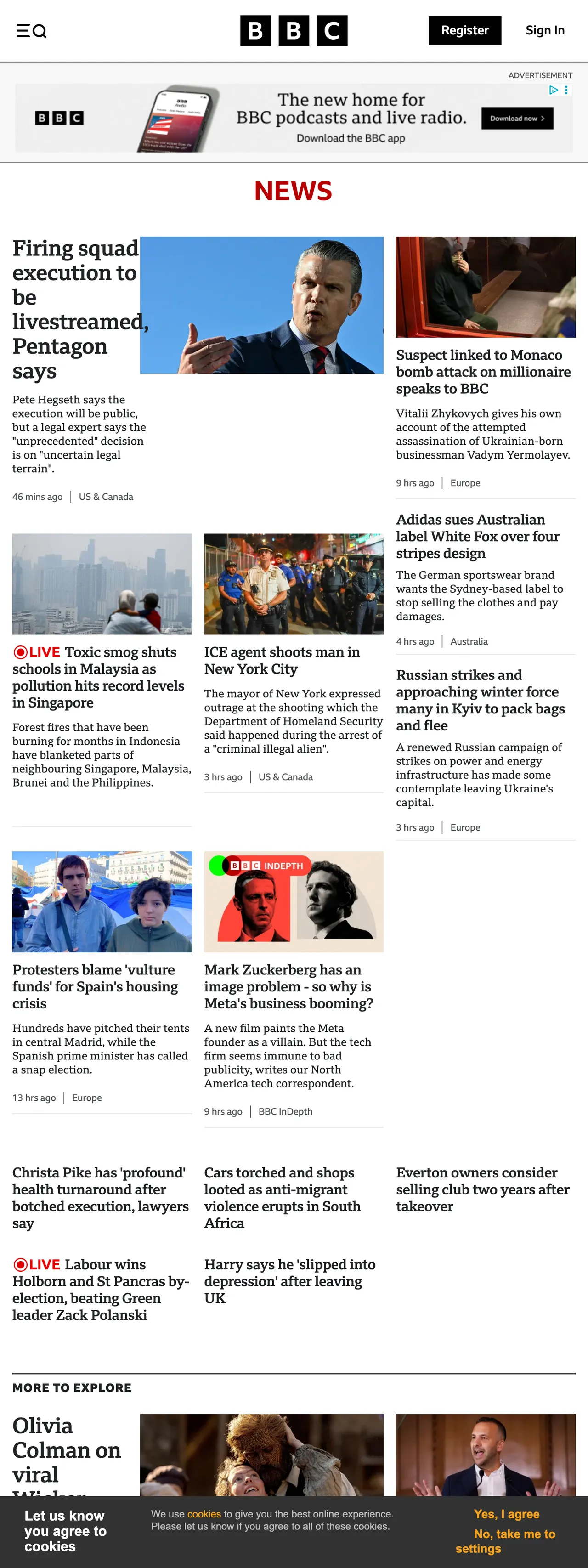 Screenshot of the BBC News front page