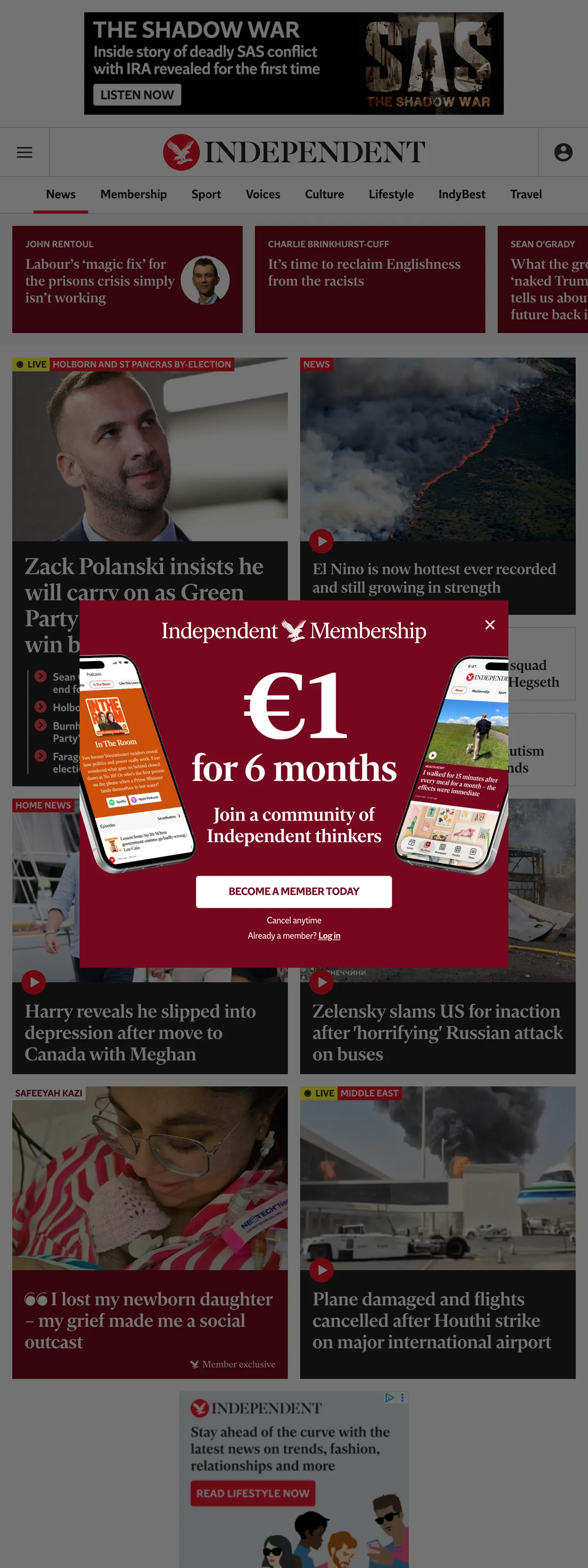 Screenshot of the The Independent front page