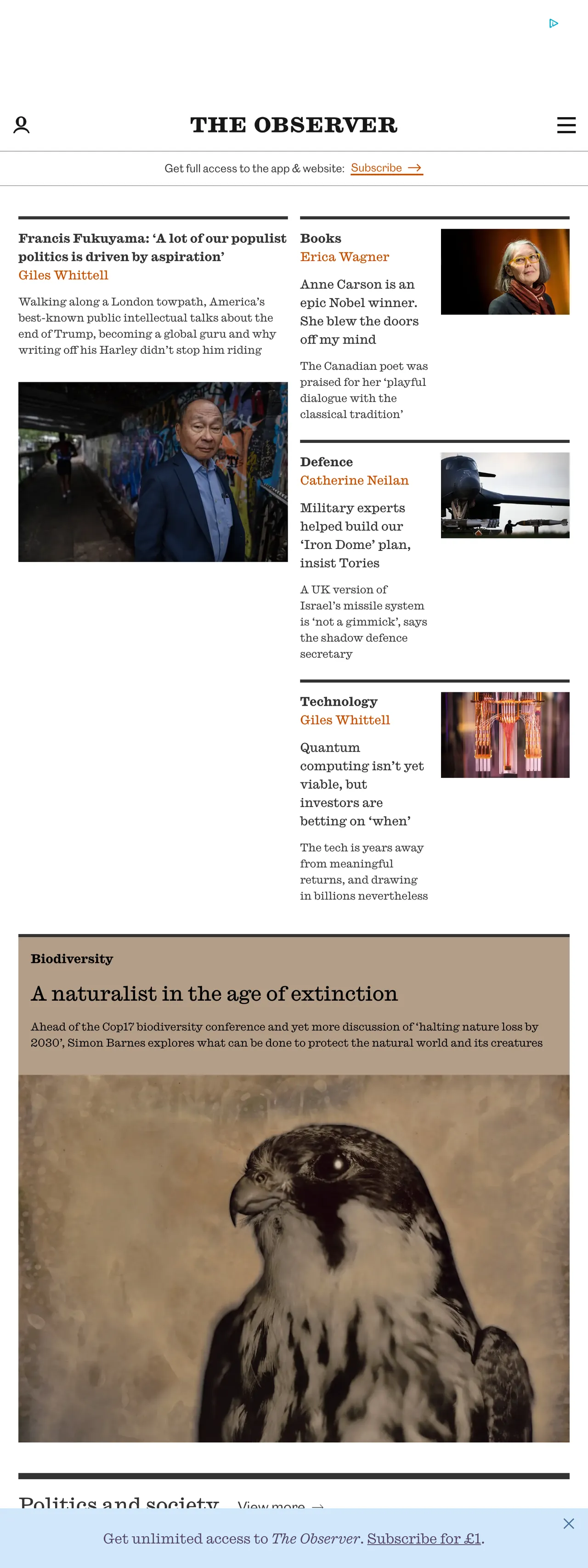 Screenshot of the The Observer front page