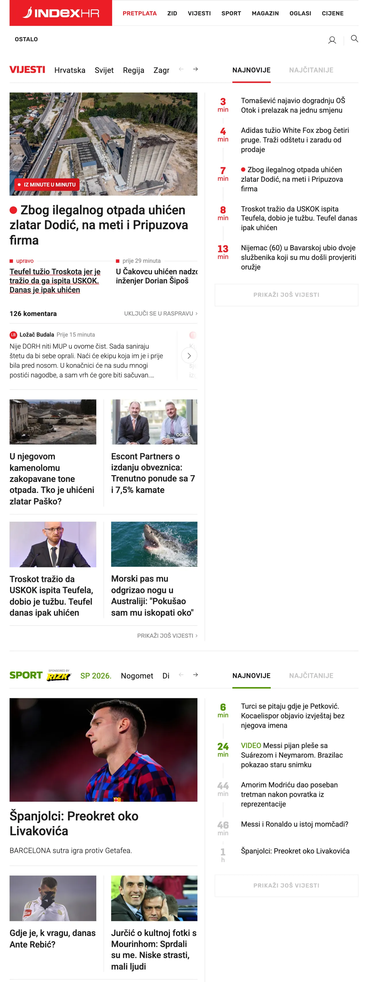 Screenshot of the Index.hr front page