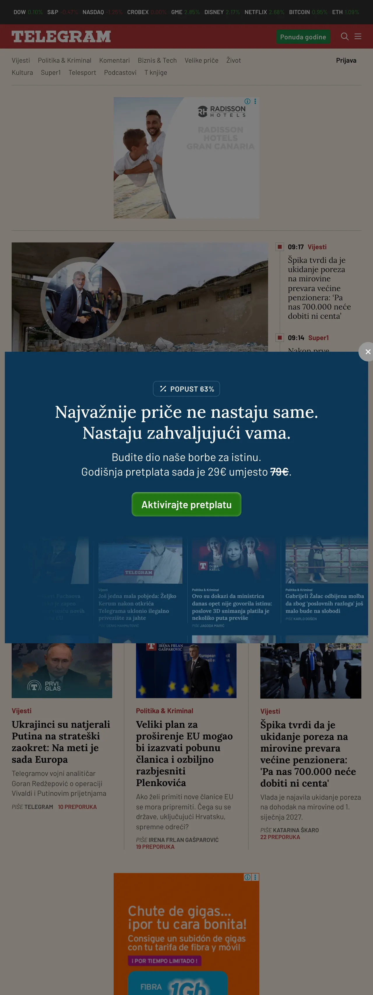Screenshot of the Telegram.hr front page