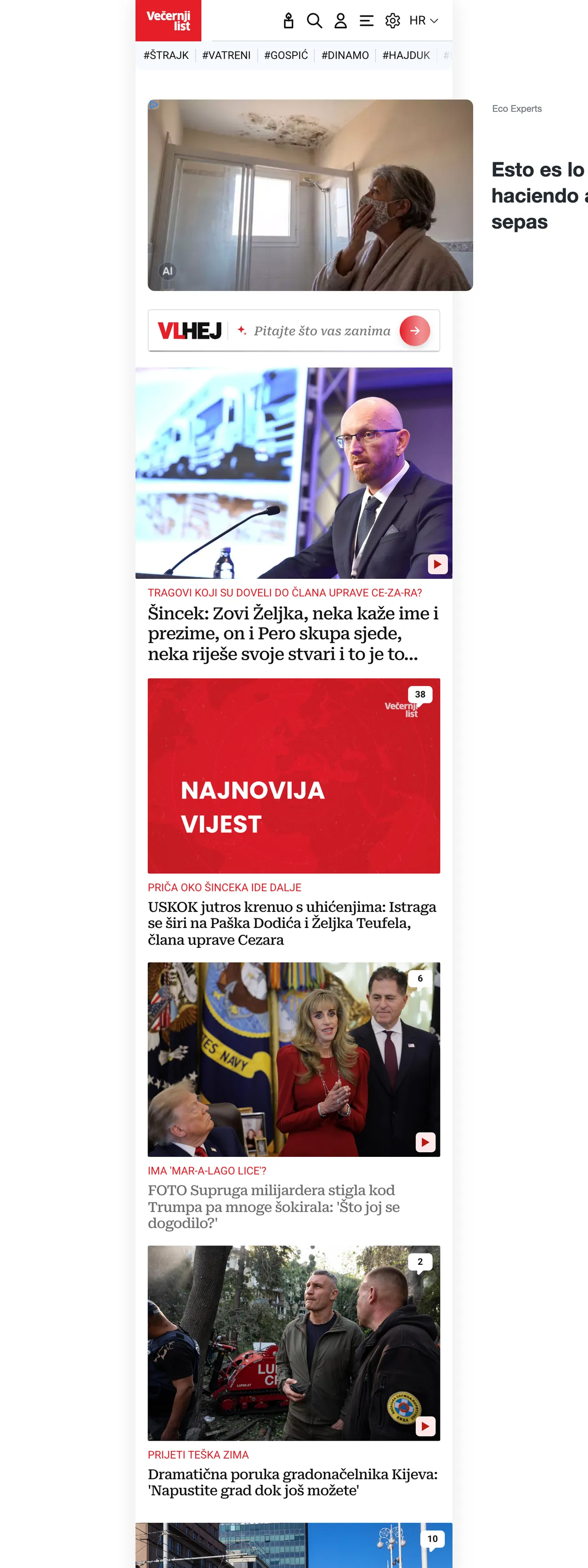 Screenshot of the Večernji list front page