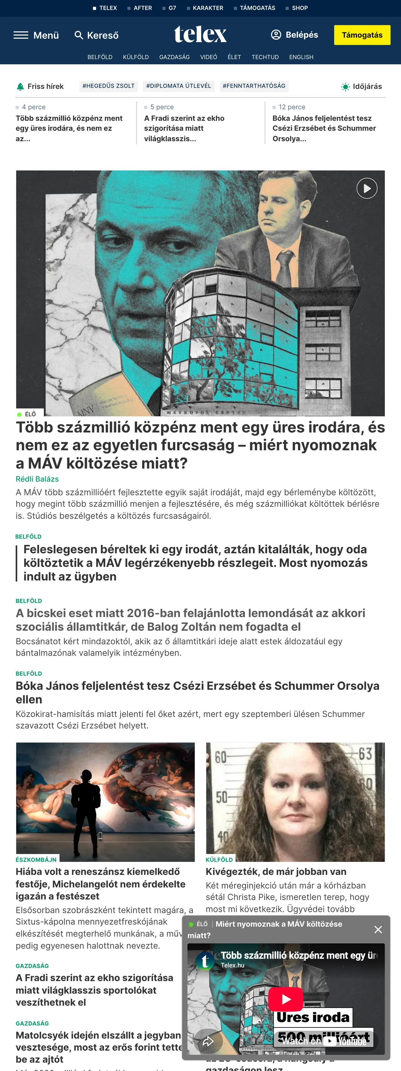 Screenshot of the Telex front page