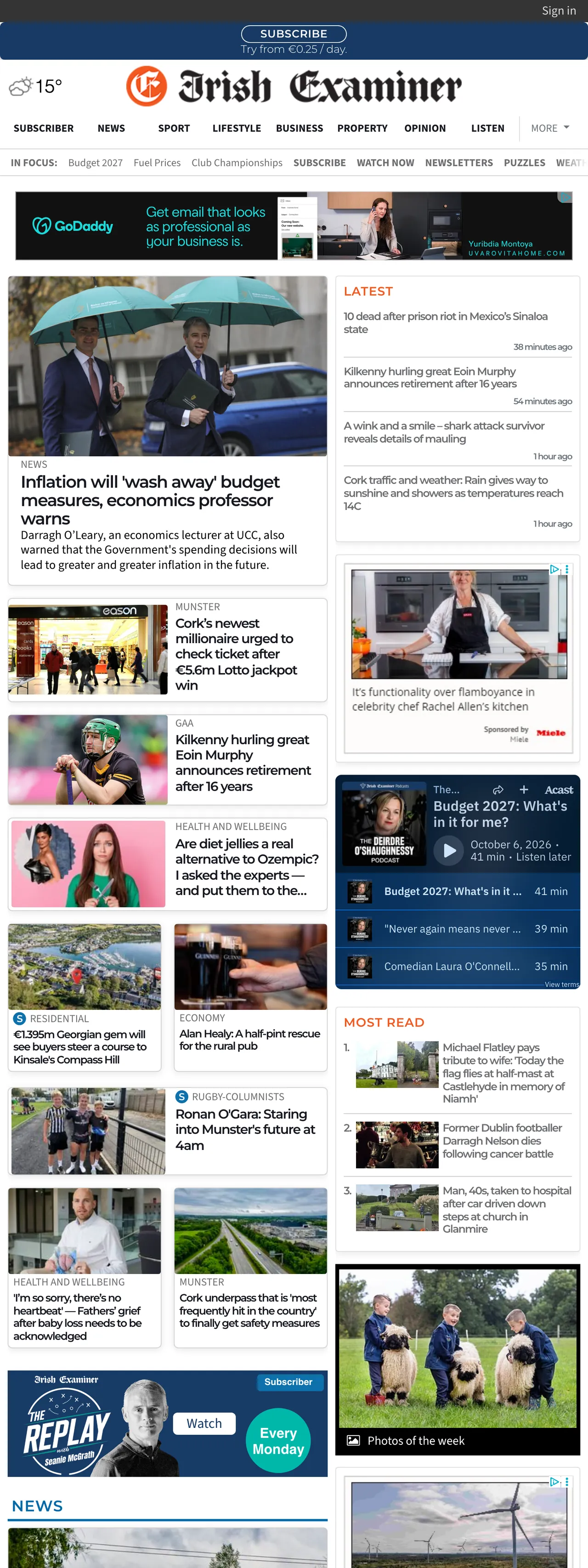 Screenshot of the Irish Examiner front page