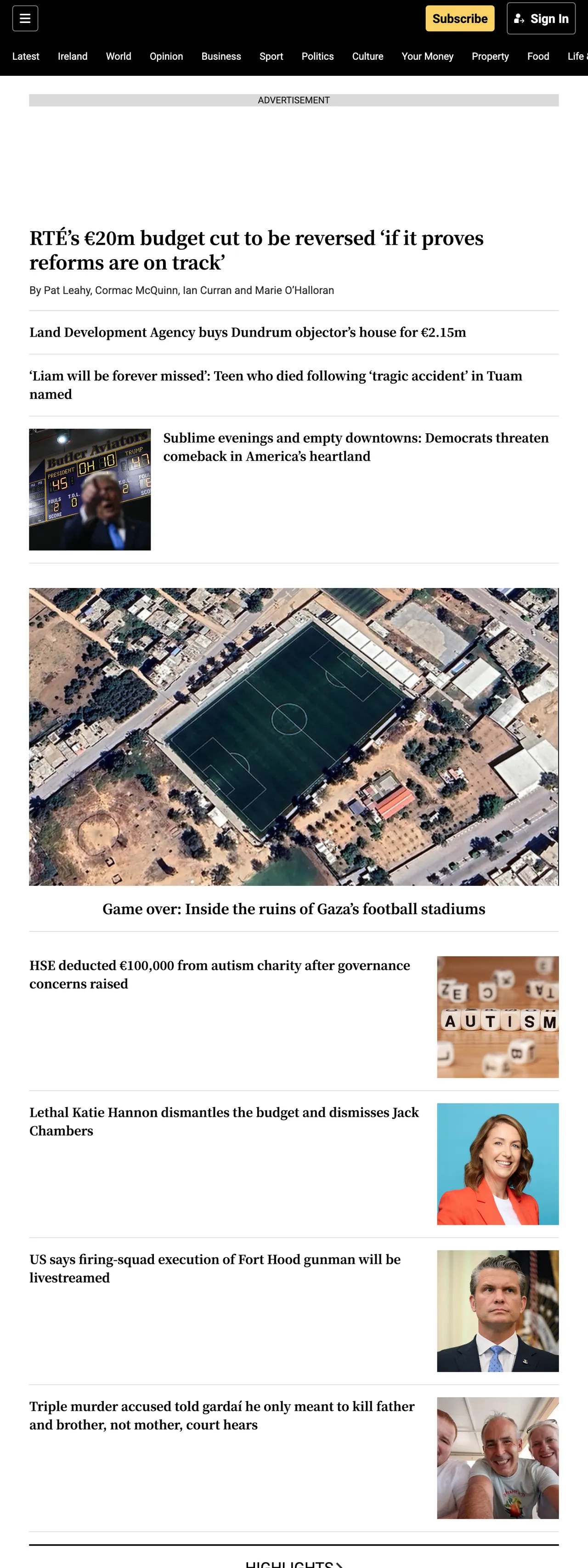Screenshot of the The Irish Times front page