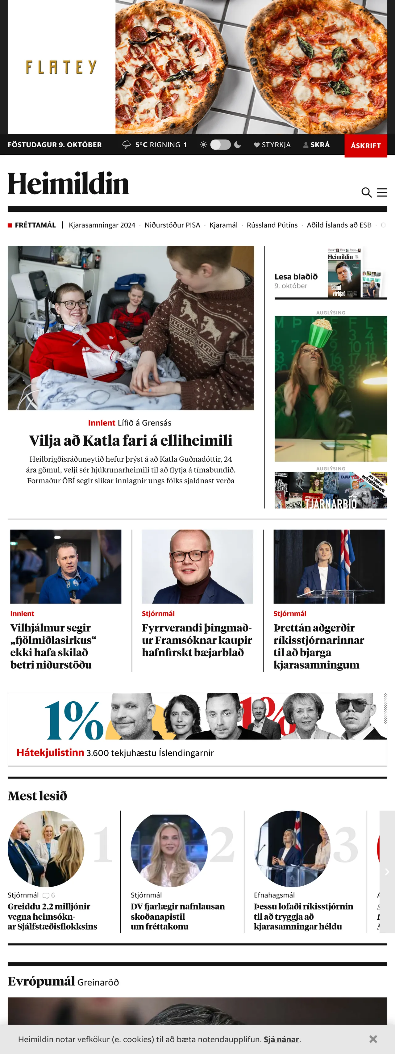 Screenshot of the Heimildin front page