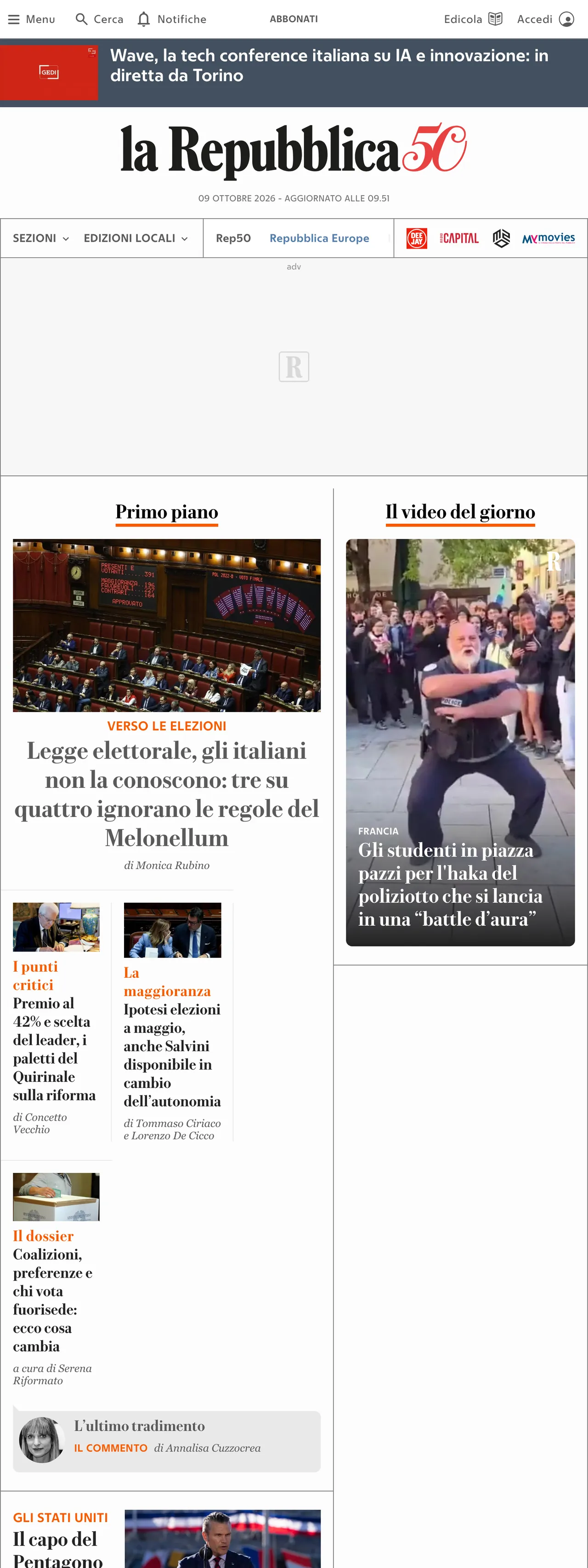 Screenshot of the la Repubblica front page