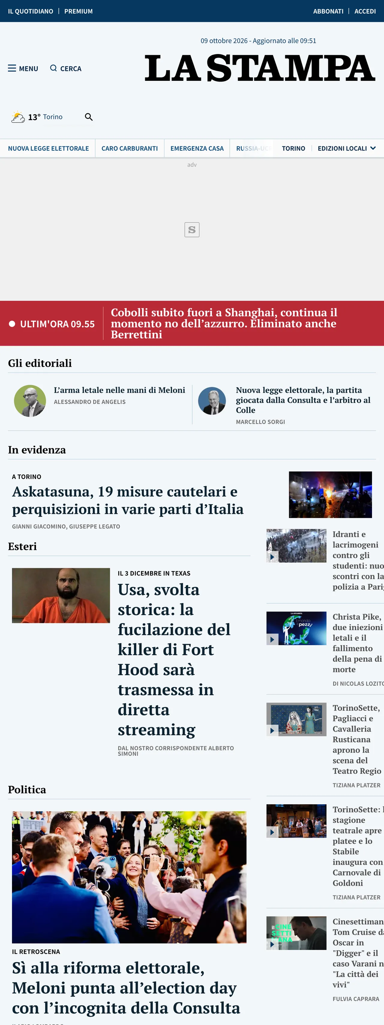 Screenshot of the La Stampa front page