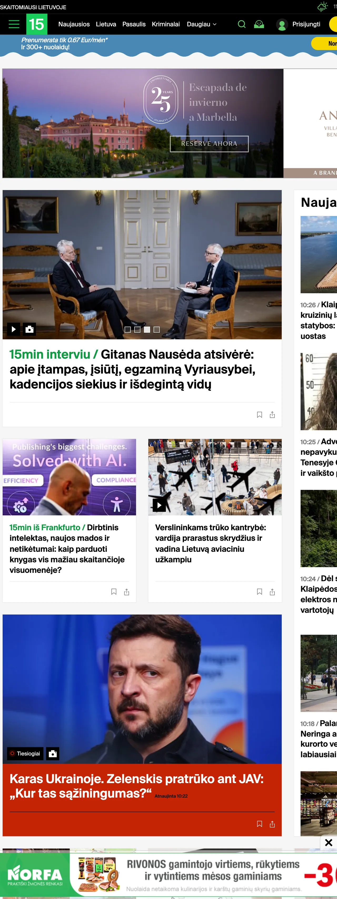 Screenshot of the 15min front page