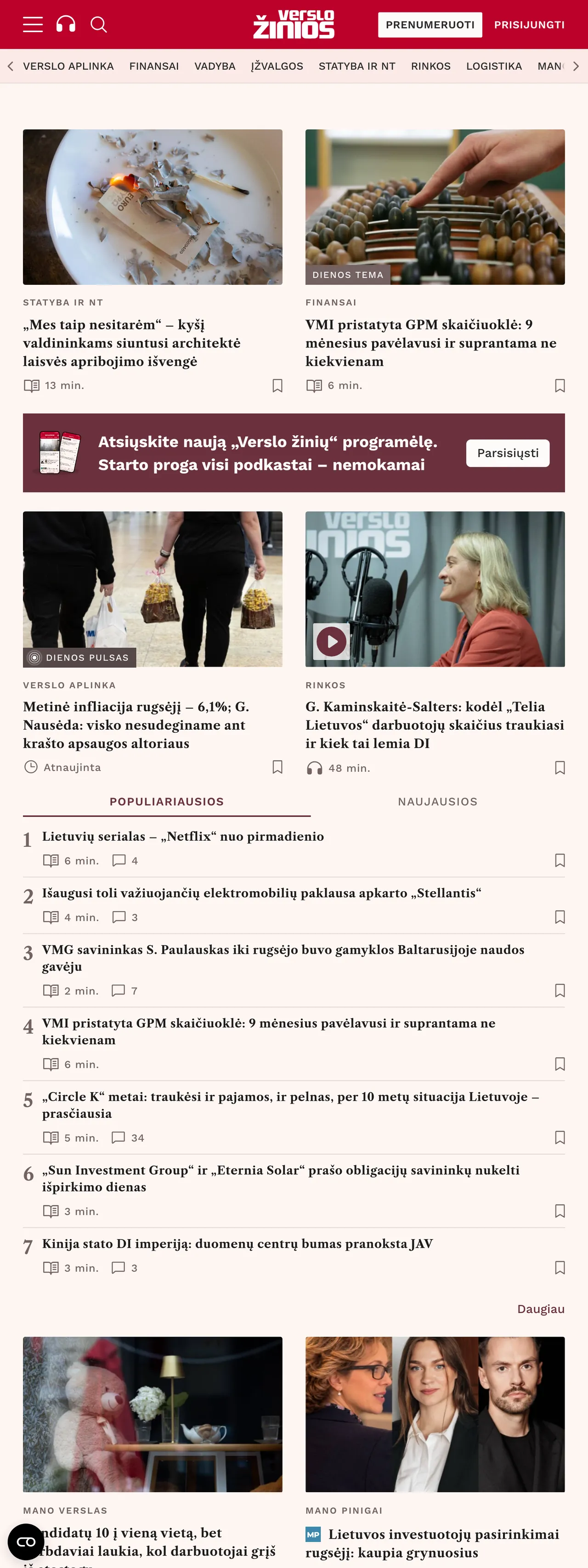 Screenshot of the Verslo žinios front page