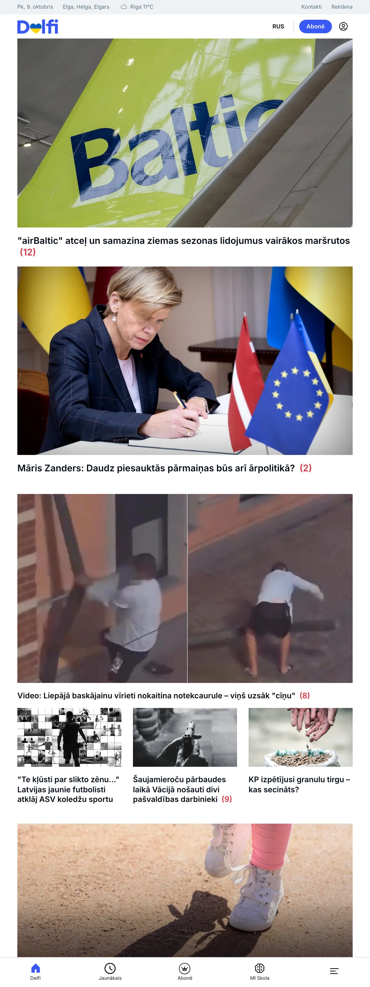 Screenshot of the Delfi front page