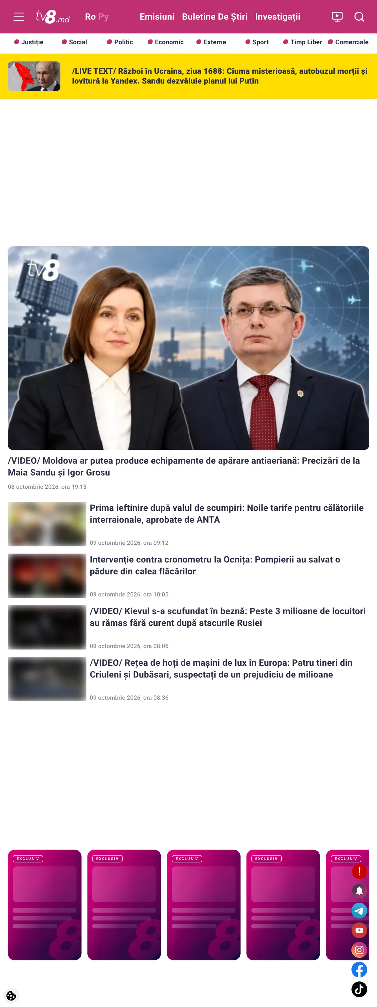 Screenshot of the TV8 front page