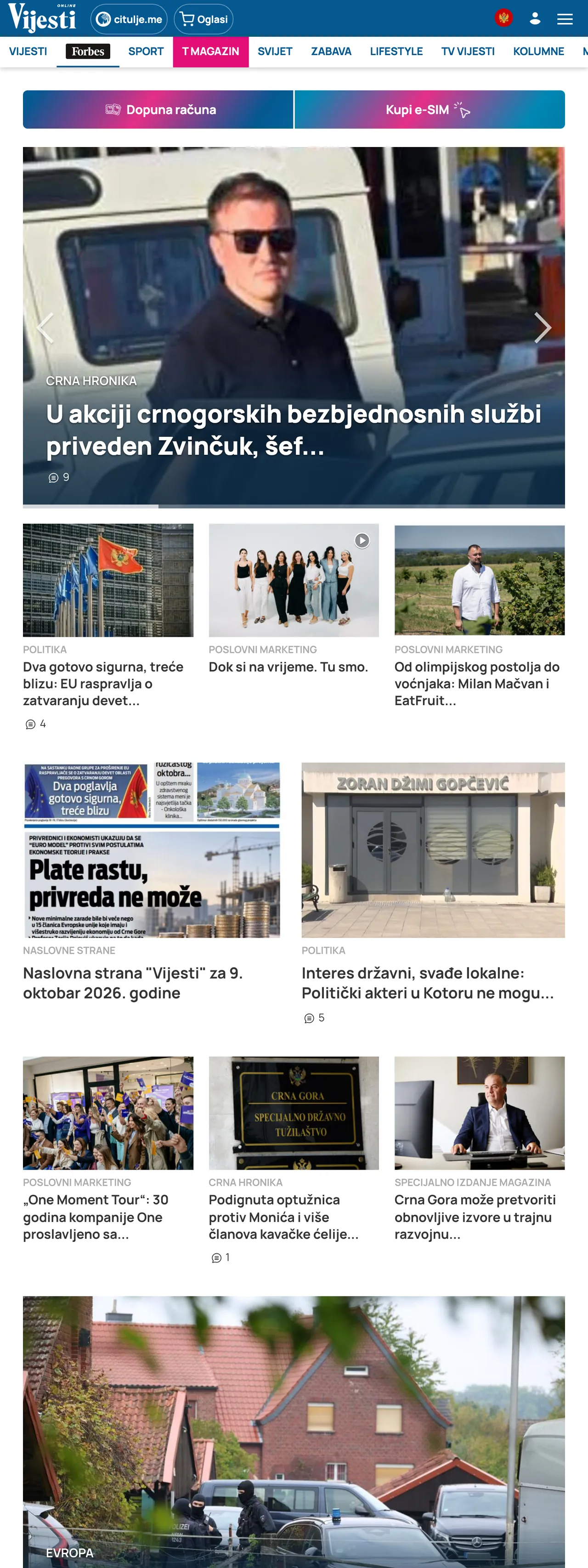Screenshot of the Vijesti front page