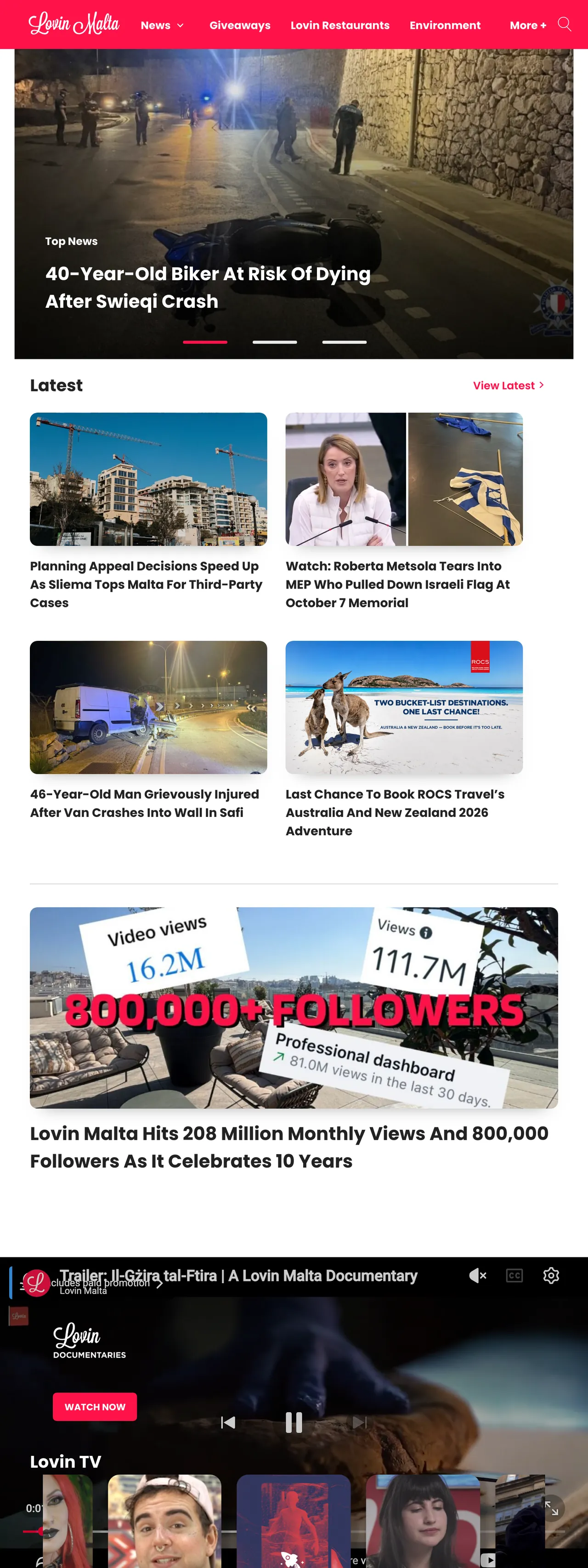Screenshot of the Lovin Malta front page
